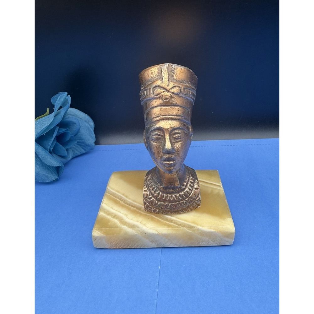 Vintage Queen Nefertiti Bust 4.25" Egyptian Sculpture Brass Bronze Marble Base